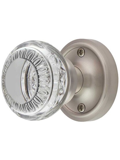 Classic Rosette Door Set with Ovolo Crystal-Glass Knobs in Satin Nickel.